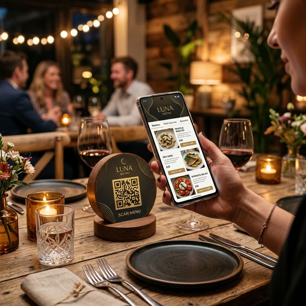 Modern cafe dining table featuring custom QR menu ordering system